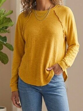 Pilcro Anthropologie Mustard Top Size S Long Sleeve Boho Raw Edge Cozy